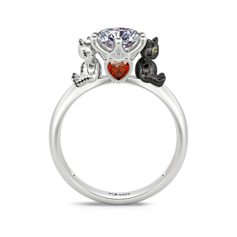 Jeulia Hug Me "Voodoo Doll Cats" Round Cut Sterling Silver Ring