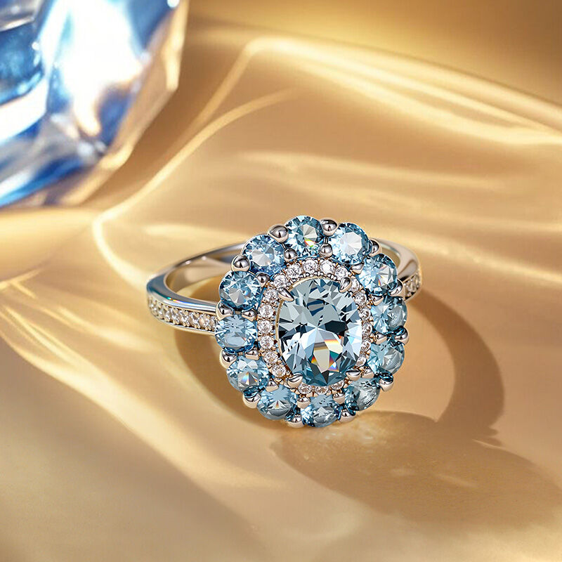 Jeiluia "Summer Seaside" Aquamarin Halo Förlovningsring i Sterling Silver