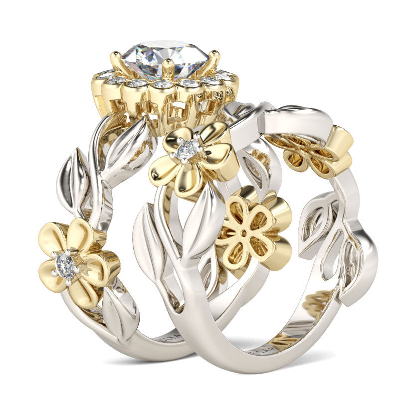 Jeulia Flower Halo Round Cut Sterling Silver Ring Set