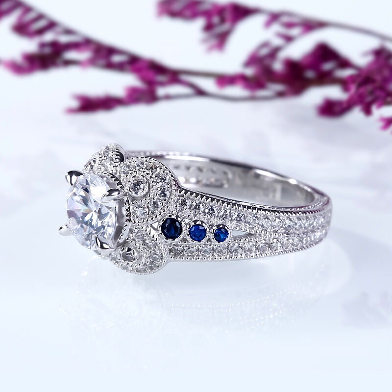 Jeulia Milgrain Flower Design Round Cut Sterling Silver Ring