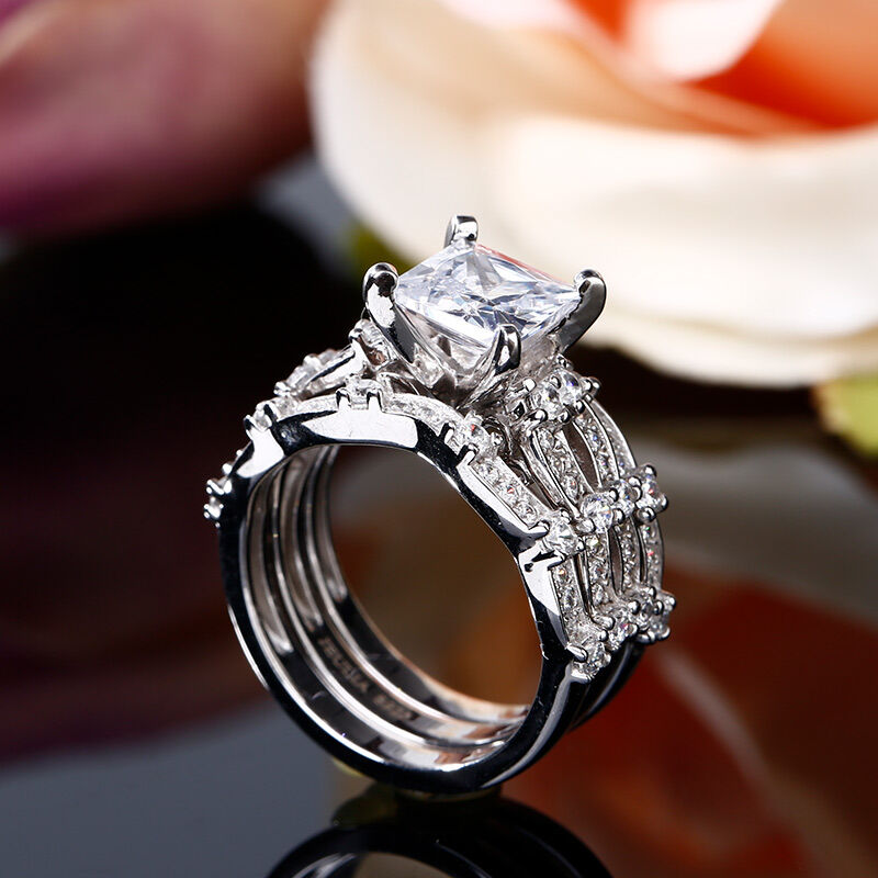 Jeulia 3PC Princess Cut Sterling Silver Ring Set