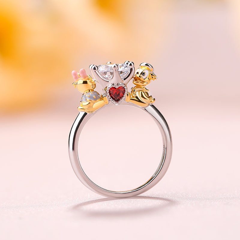 Jeulia Hug Me "Adorable Duck Couple" Round Cut Sterling Silver Ring