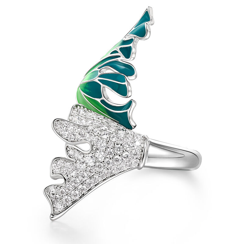 Jeulia "Enduring Beauty" Two Big Leaf Enamel Sterling Silver Ring