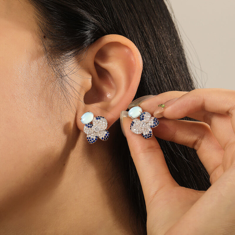 Jeulia Midsummer Night Pansy Moonstone Flower Stud Earrings