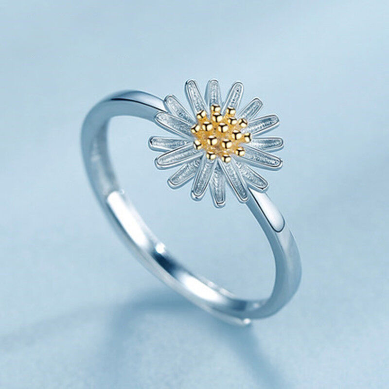 Jeulia Daisy Flower Sterling Silver Adjustable Open Ring