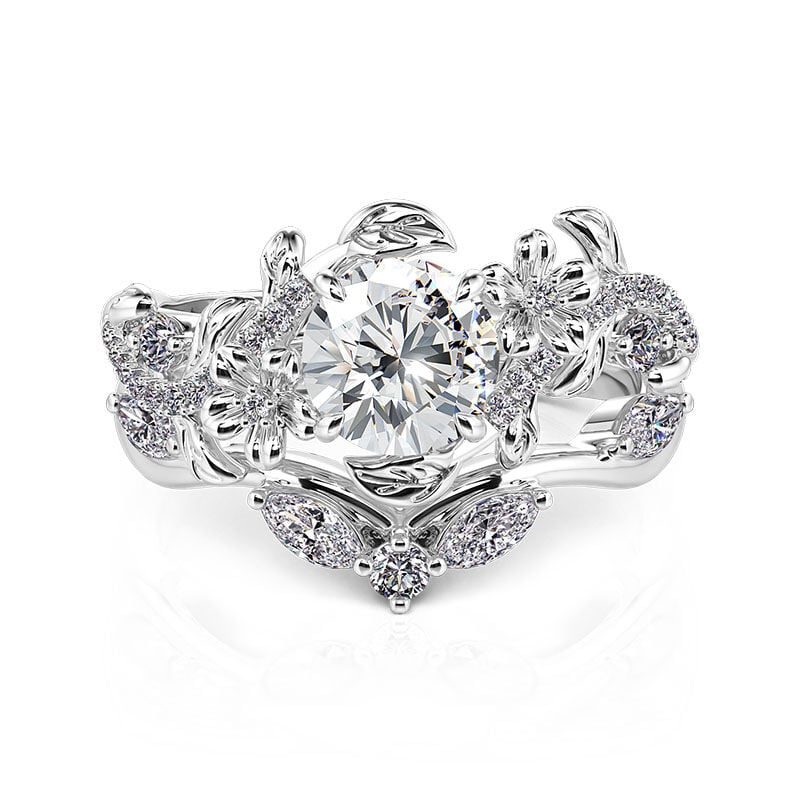 Jeulia Vine Flower Leaf Round Cut Bridal Ring Set 2PCS