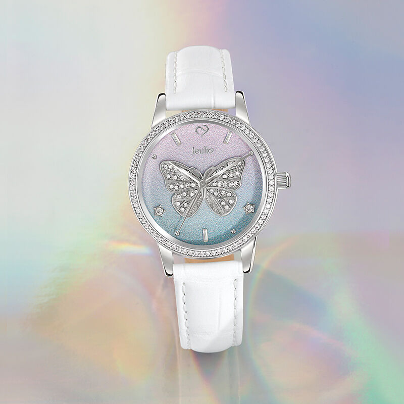 Jeulia "Dreamy Rainbow" Butterfly Design Quartz White Leather Watch with Ombre Dial