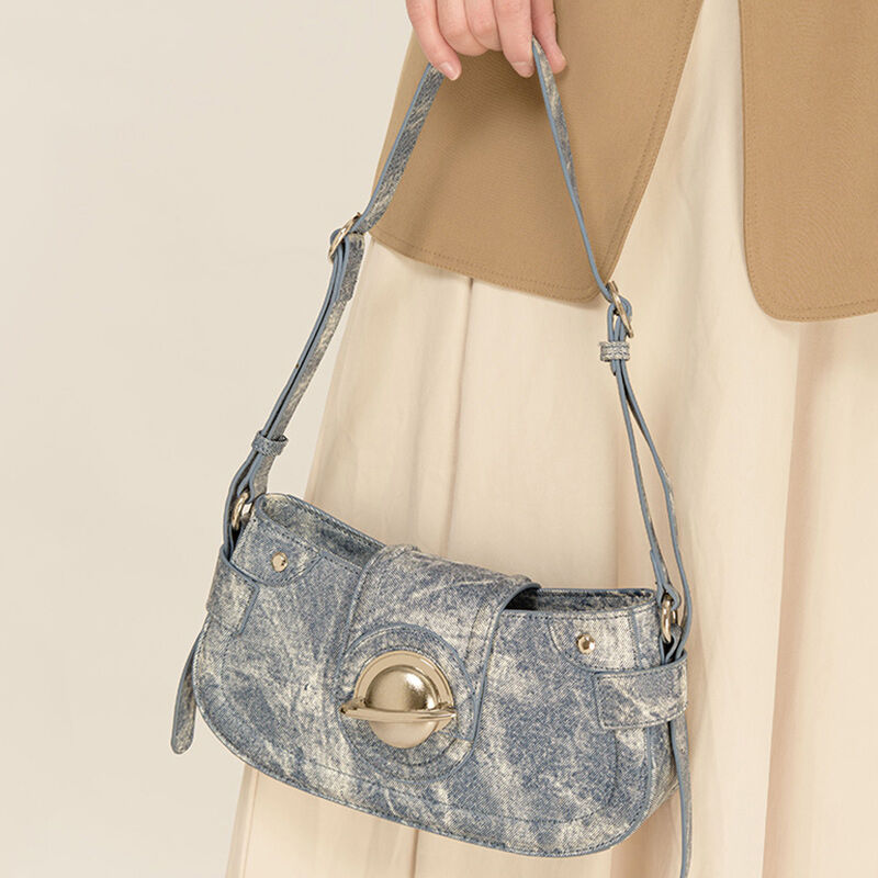 Jeulia Faux Denim Half Moon Bag Vintage Shoulder Bag with Silver Buckle