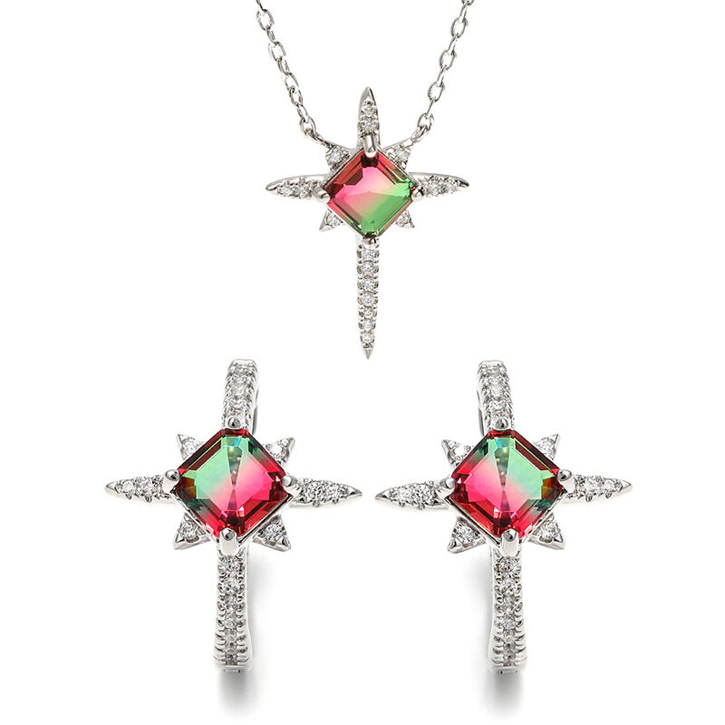 Jeulia "Endless Light " North Star Princess Cut Watermelon Sterling Silver Jewelry Set