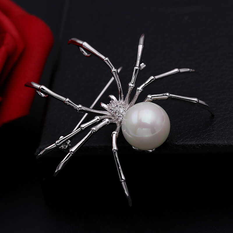Jeulia Spider Design White Pearl Copper Brooch