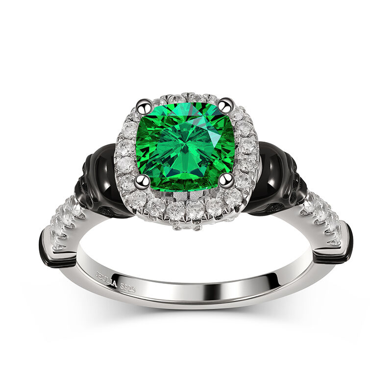 Halo Cushion Cut Emerald Sterling Silver Skull Ring