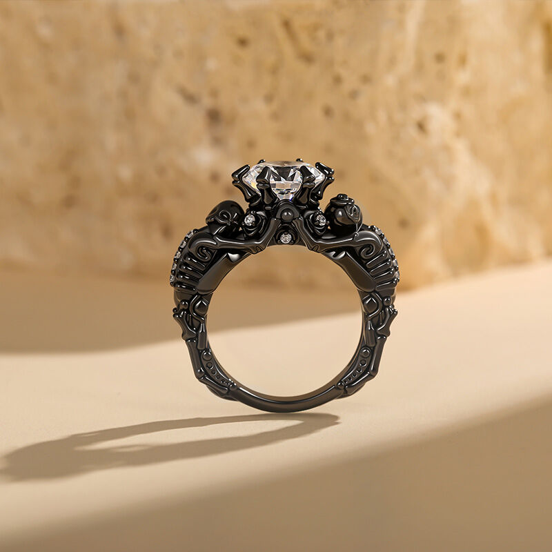 Jeulia Anel Caveira Negro Elegância Gótica Prata Sterling