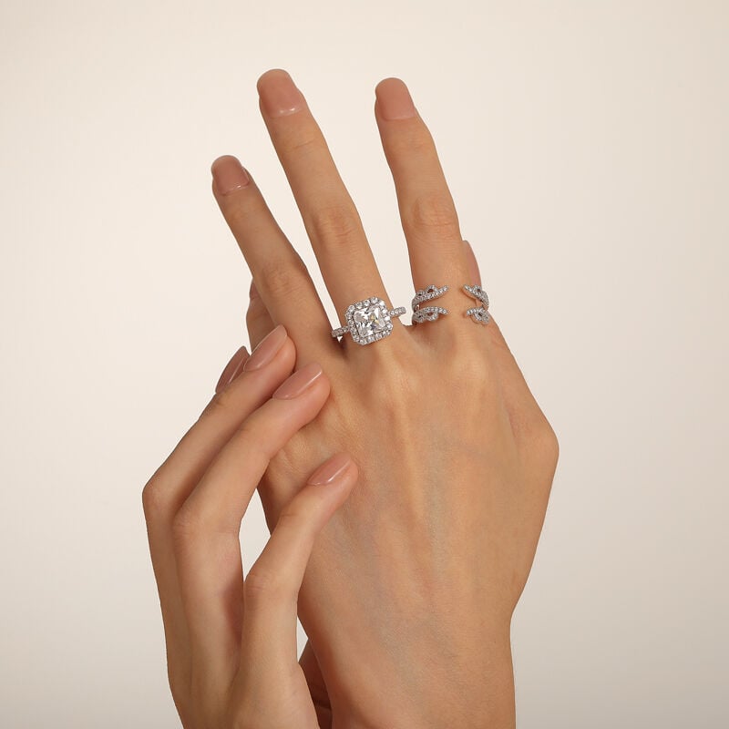 Jeulia Flower Leaf Halo Square Asscher Cut Engagement Ring Set