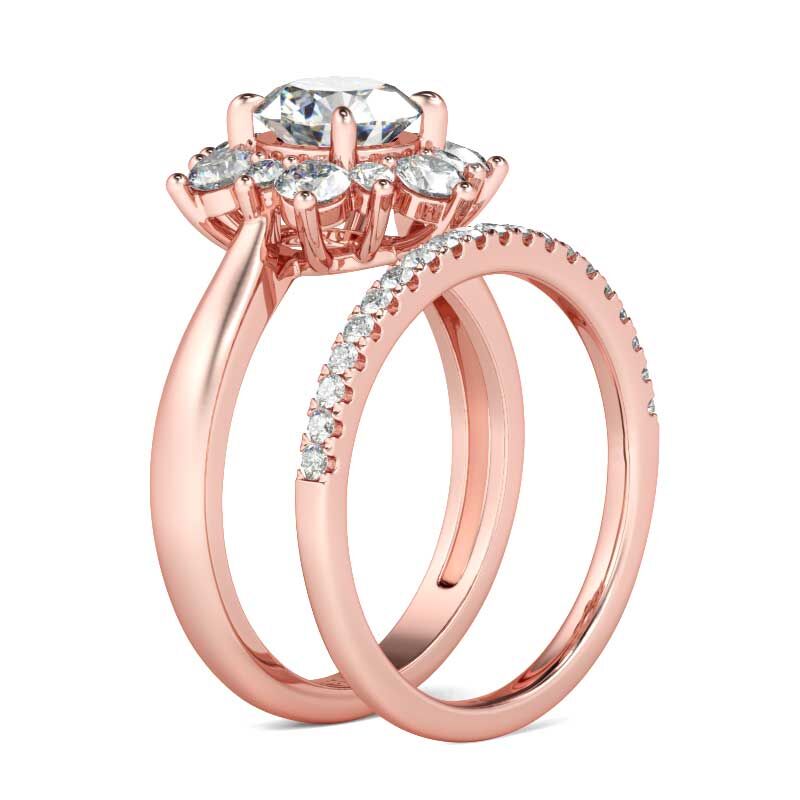 Jeulia Rose Gold Tone Halo Round Cut Sterling Silver Ring Set