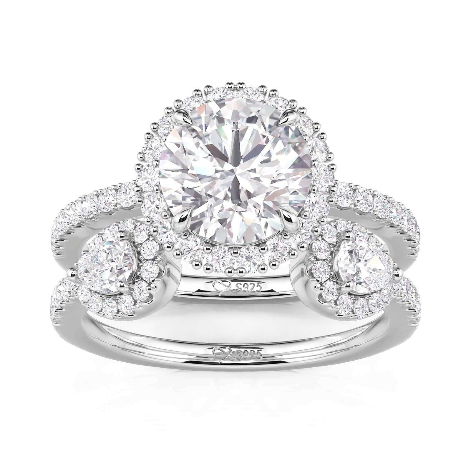 Jeulia Three Stone Halo Wedding Ring Set Sterling Silver 2PCS