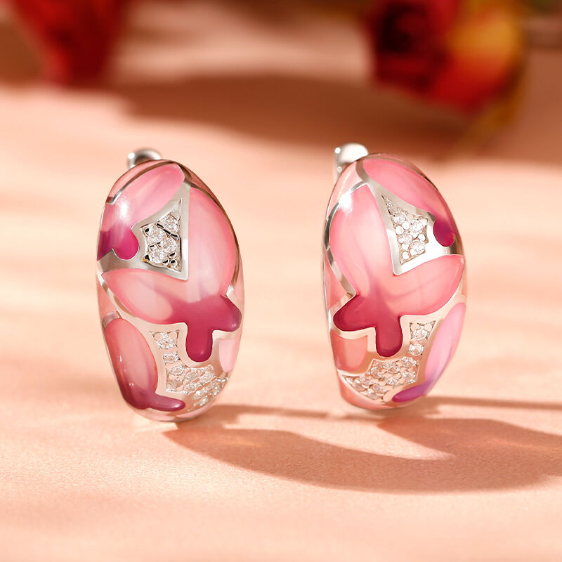 Jeulia Pendientes de aro esmaltados con mariposas rosas de plata de ley