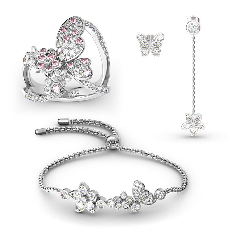 Jeulia Flower and Butterfly Sterling Silver Jewelry Set