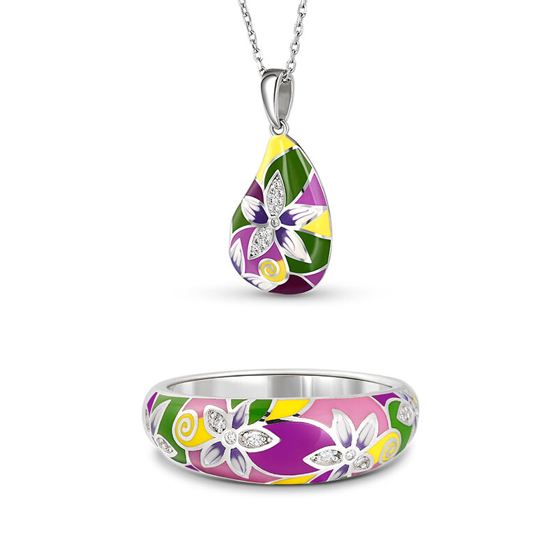 Jeulia "Charming Flower" Multicolored Enamel Sterling Silver Jewelry Set