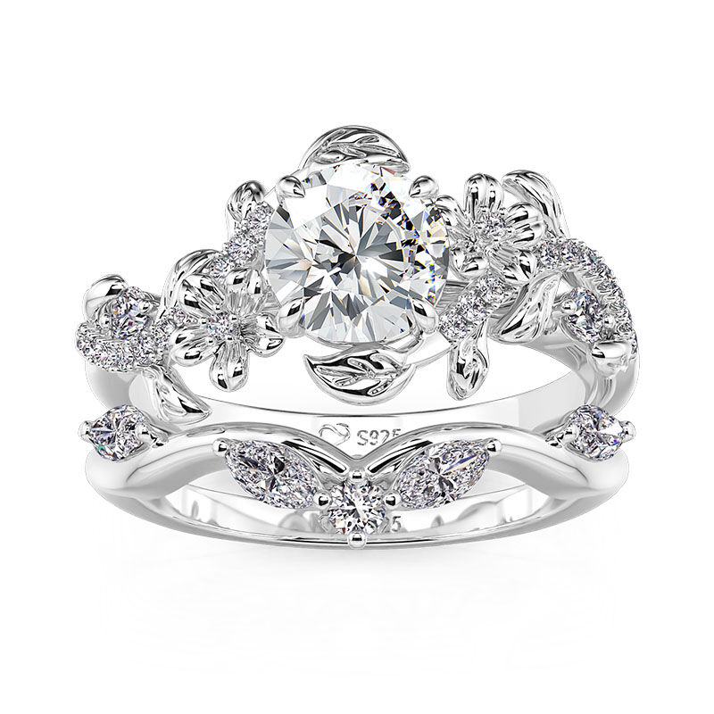 Jeulia Vine Flower Leaf Round Cut Bridal Ring Set 2PCS
