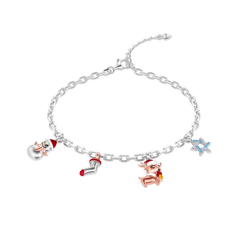 Jeulia "Joy of Holiday" Christmas-themed Charm Sterling Silver Bracelet (215mm)