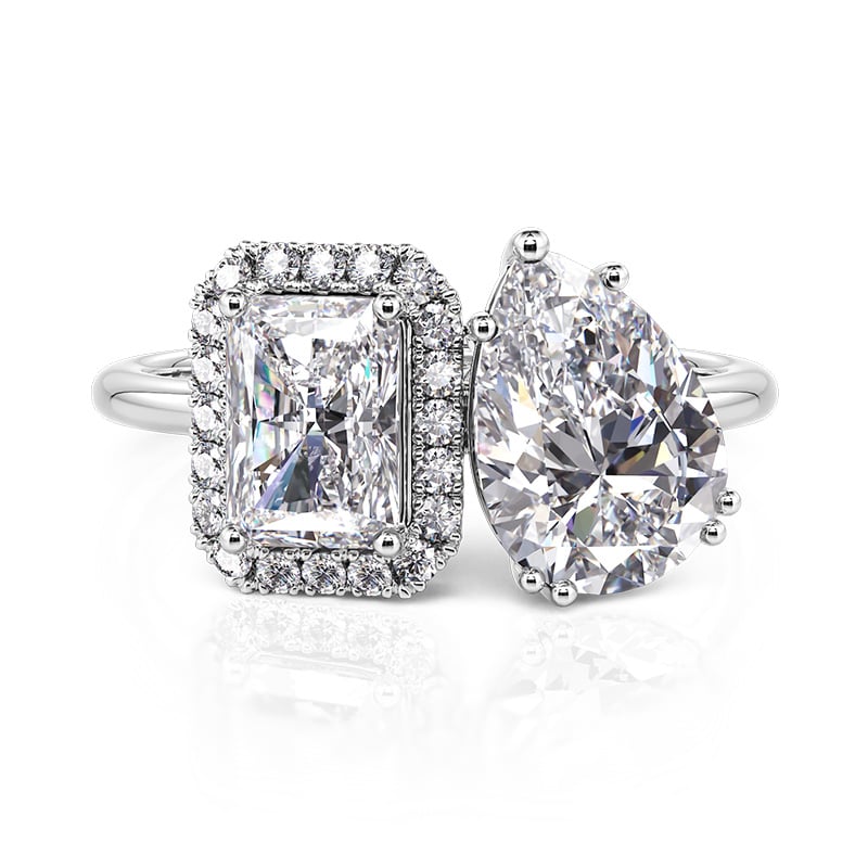 Jeulia Toi et Moi Ring Two Stone Halo Emerald and Pear Cut