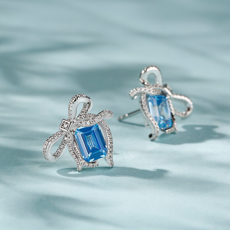 Jeulia "Blue Treasure" Bowknot Emerald Cut Sterling Silver Earrings