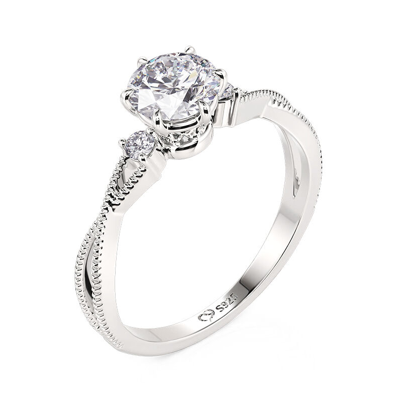 Jeulia Three Stone Engagement Ring Twist Milgrain Round Cut Sterling Silver