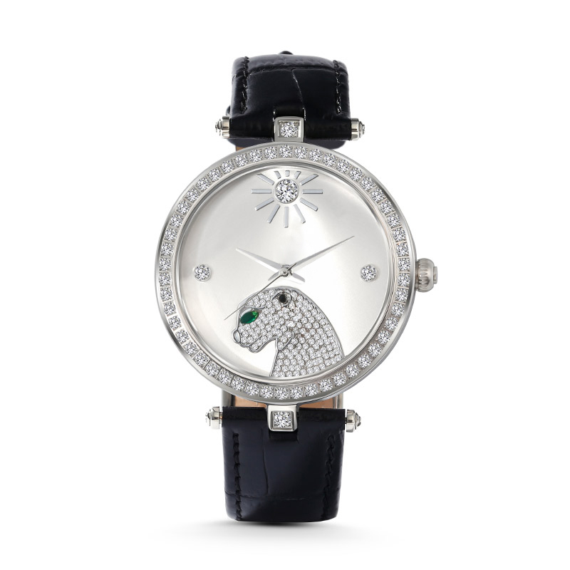 Jeulia "Wild and Free" Leopard Quartz Black Leather Watch with Silver-Tone Dial