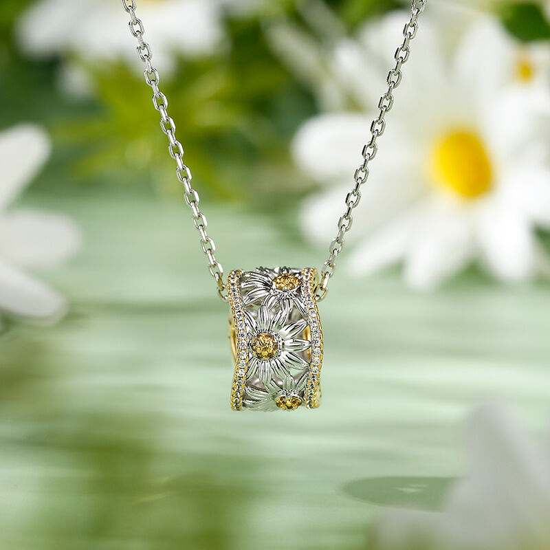 Jeulia Two Tone Daisy Floral Sterling Silver Necklace