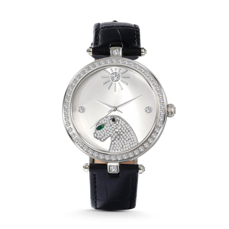 جوليا ساعة يد الكوارتز الأسود مع قرص فضى بتصميم النمر
