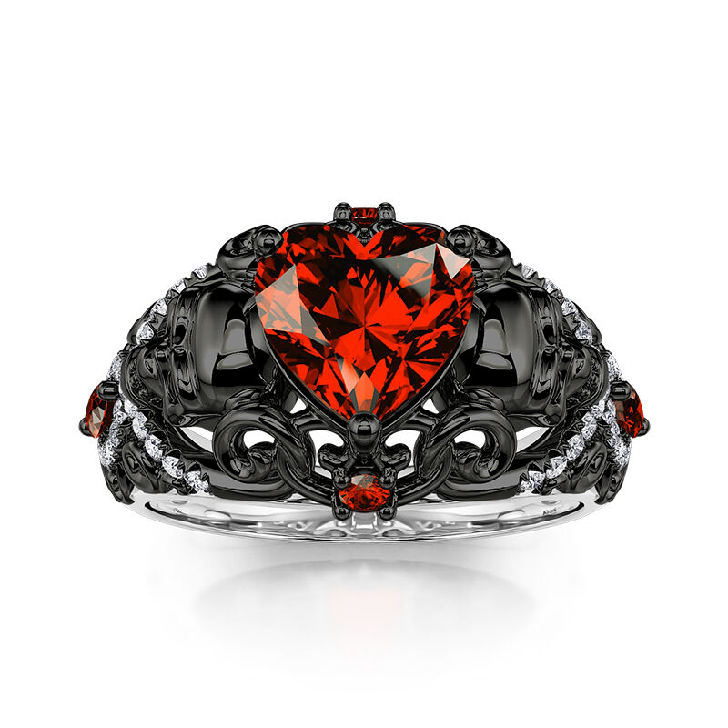 Jeulia Black Twist Ruby Heart Skull Ring Sterling Silver