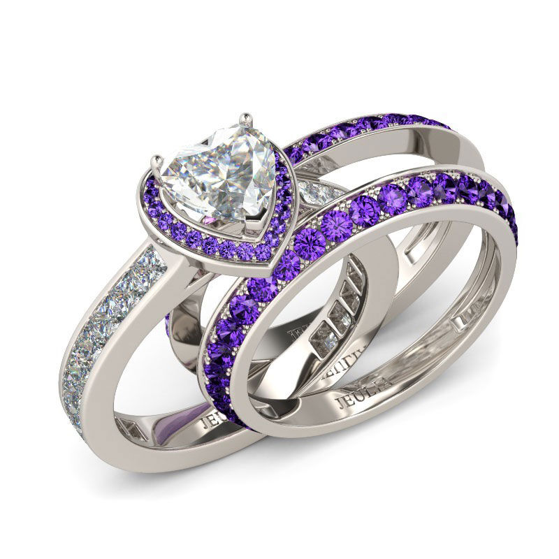 Jeulia 3PC Halo Heart Cut Sterling Silver Ring Set - Jeulia Jewelry