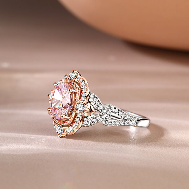 Jeulia "Princess Aura" Two Tone Halo Oval Cut Synthetic Morganite Sterling Silver Ring