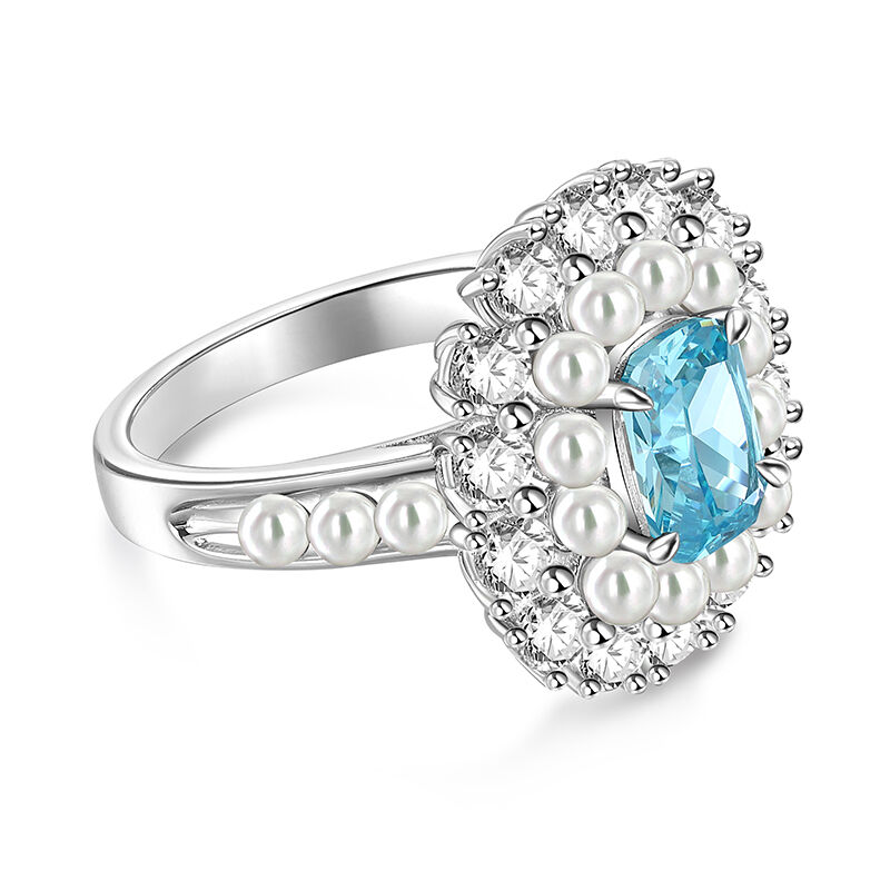 Jeulia Double Halo White Pearl Aquamarine Ring Sterling Silver