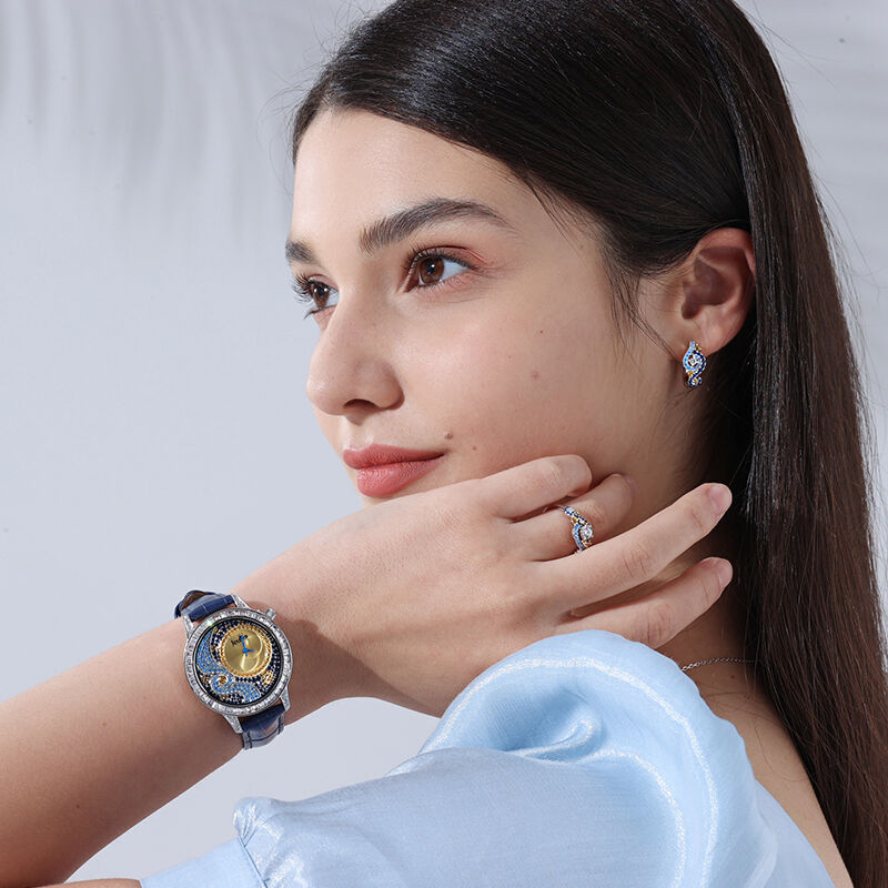 Jeulia "Starry Quiet" The Starry Night Inspired Quartz Blue Leather Women's Watch