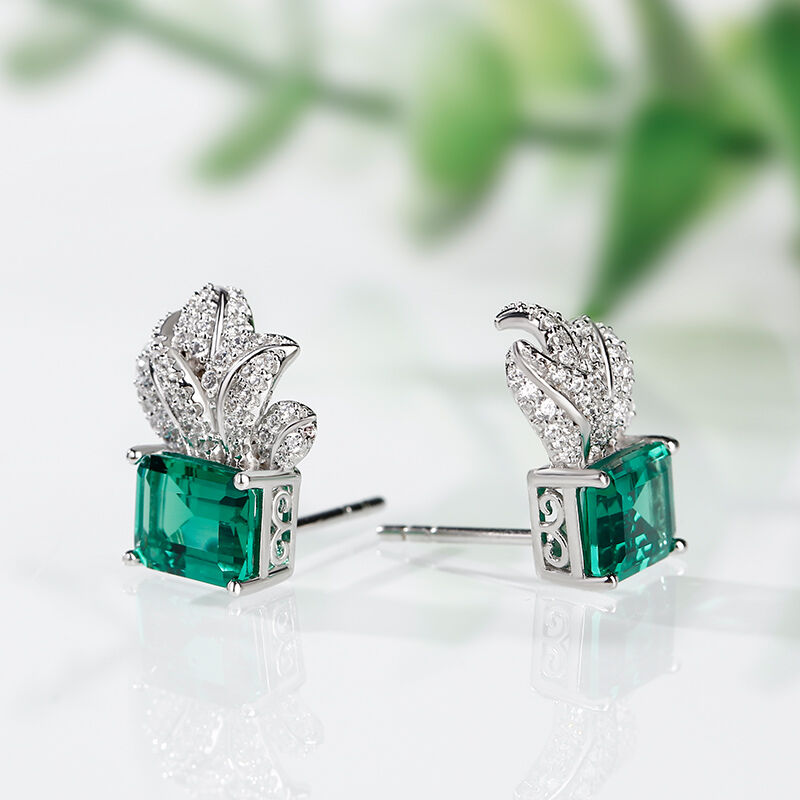 Jeulia Leaf Design Emerald Cut Sterling Silver Earrings