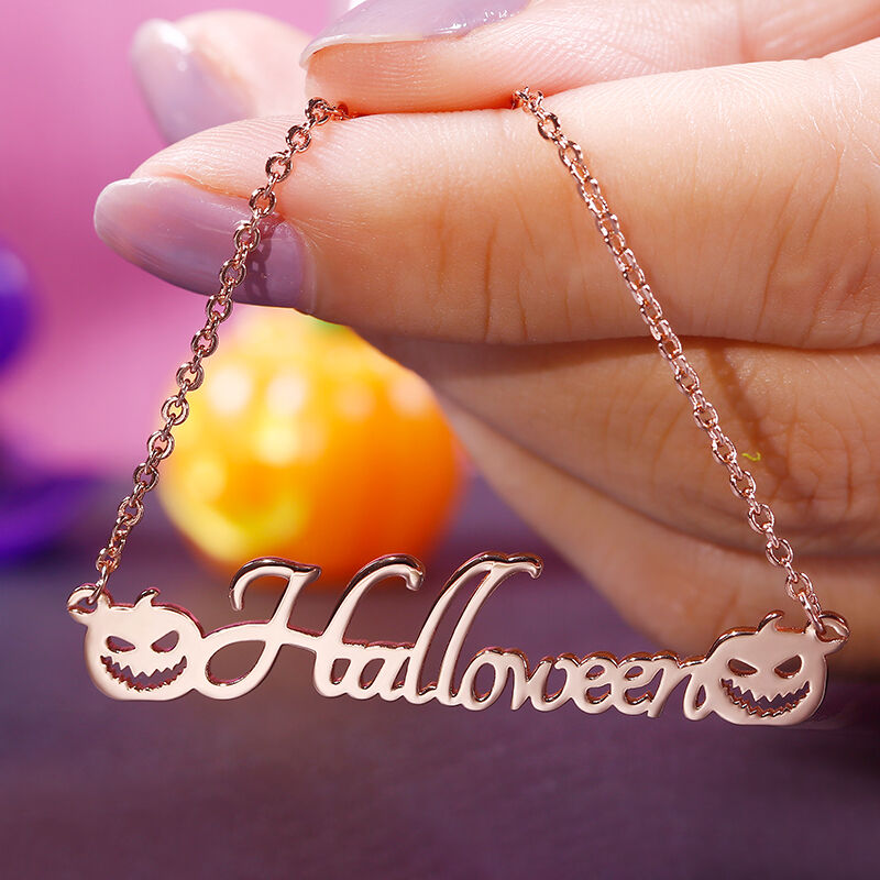 Jeulia "Evil Smiley" Pumpkin Personalized Sterling Silver Name Necklace