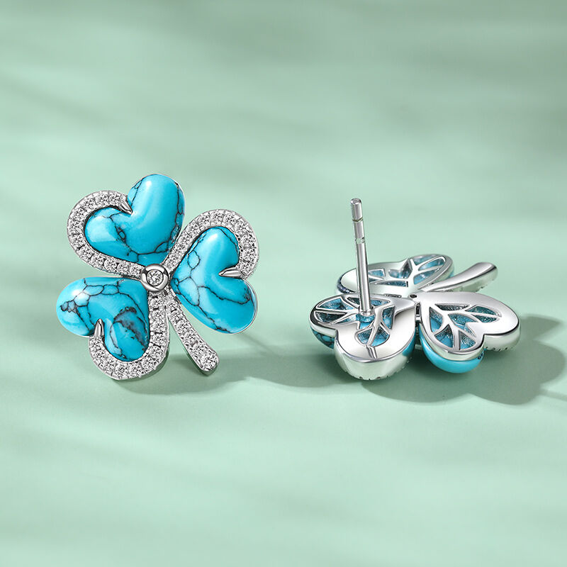 Jeulia "Heartfelt Luck" Clover Design Turquoise Sterling Silver Stud Earrings