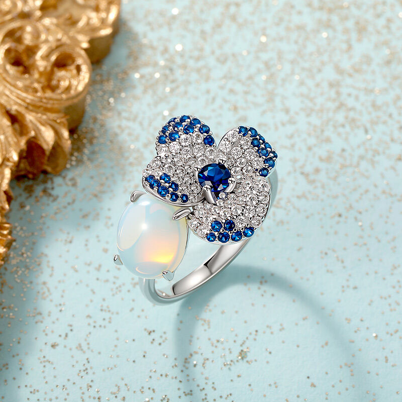 Jeulia Midsummer Night Anello Fiore con Pansé e Pietra di Luna