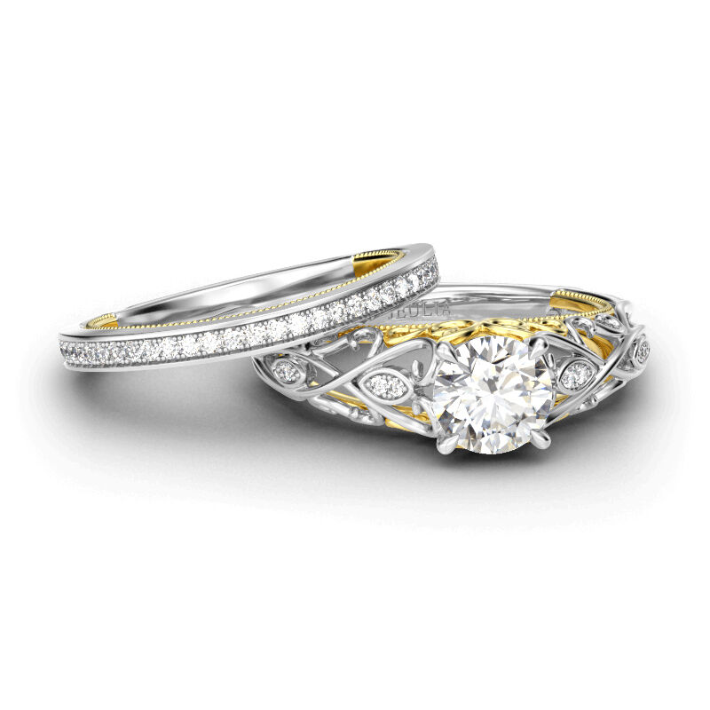 Jeulia Set De Anillo De Plata Esterlina Con Corte Vintage Scrollwork Decorativo Lateral Oro