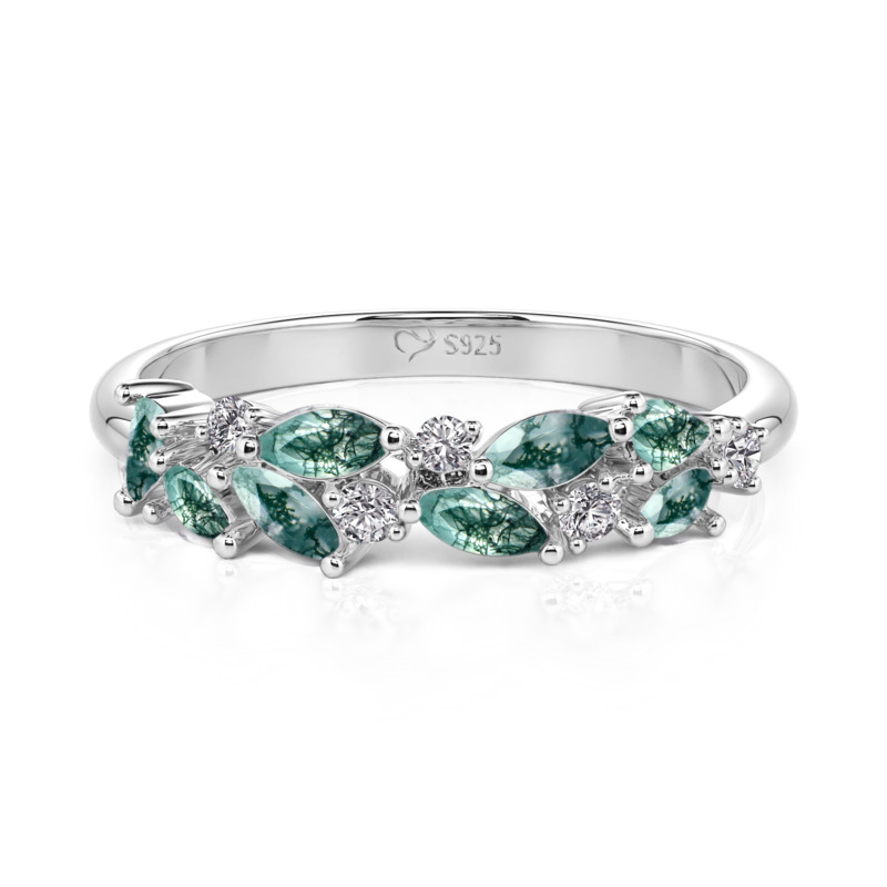 Jeulia Olivetta Moss Agate Ring for Women Sterling Silver