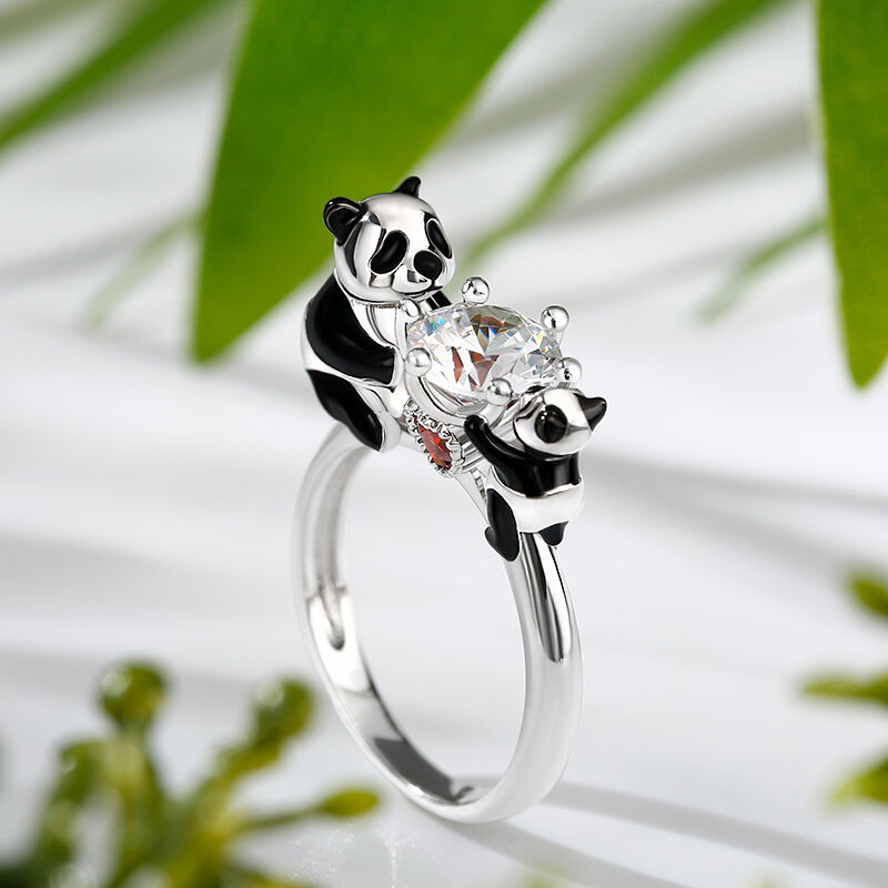 Hug Me \"Cute Panda\" Round Cut Sterling Silver Ring - Jewelry