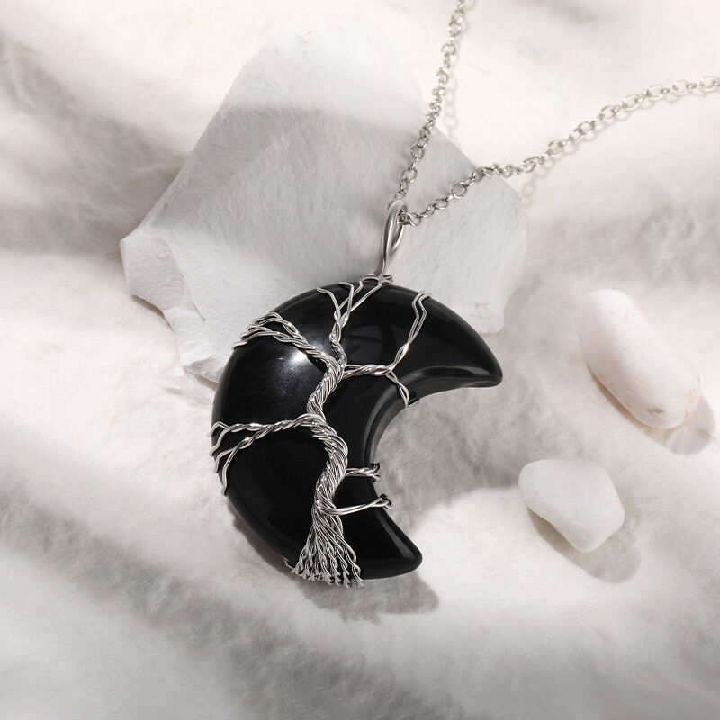 Jeulia "Spiritual Awakening" Winding Design Crescent Moon Natural Black Agate Necklace