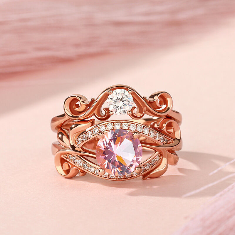 Jeulia "Art Deco" Round Cut Synthetic Morganite Sterling Silver Ring Set