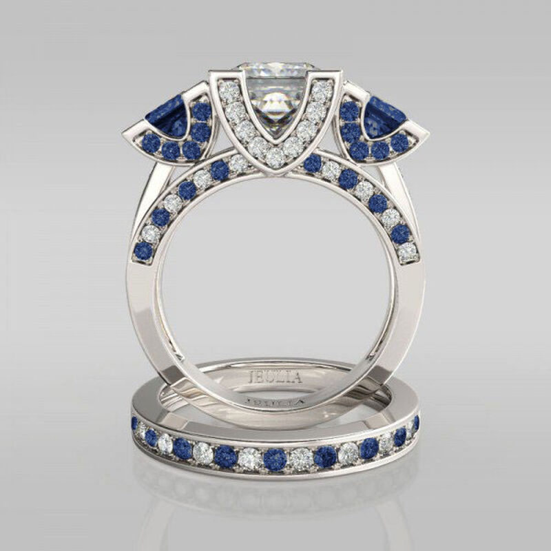 Jeulia Conjunto De Anillos Con Tres Piedras De Talla Princesa En Plata De Ley