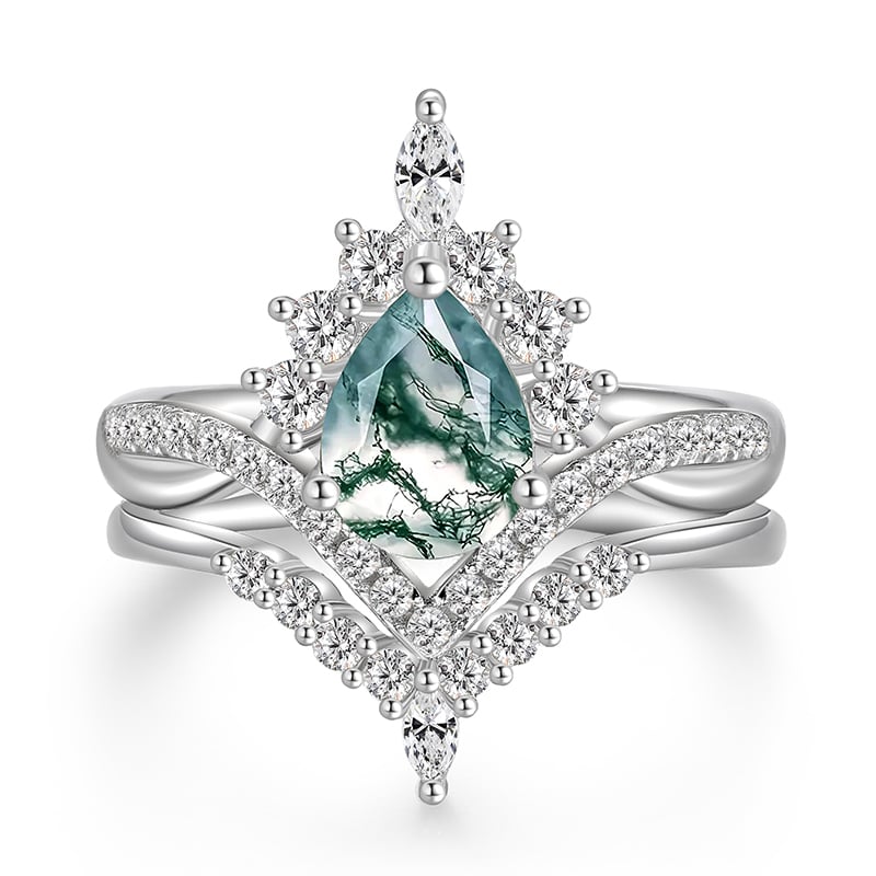 Jeulia Fine Pear Cut Moss Agate Engagement Ring Set