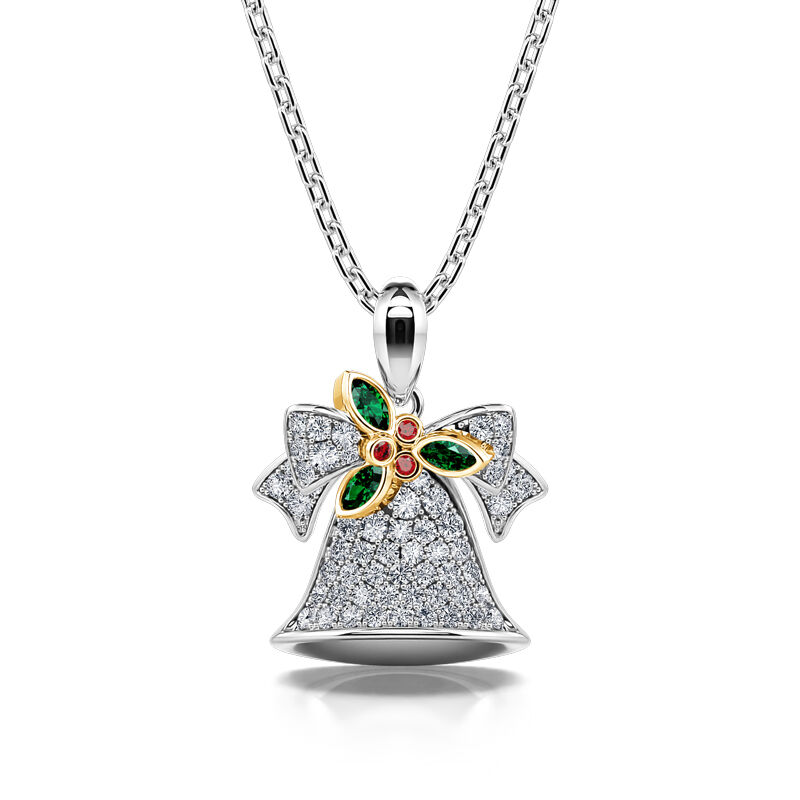 Jeulia Jingle Bells with Christmas Holly Sterling Silver Necklace