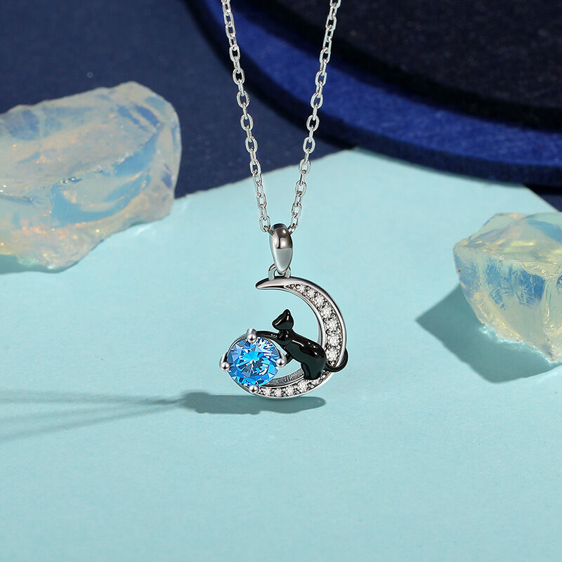 Jeulia Collar Personalizado con Gato Negro en la Luna con Piedra Natal de Plata Esterlina