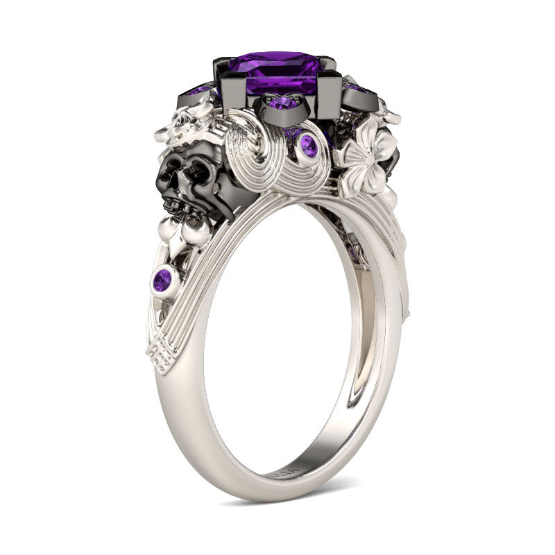 Jeulia Flower Design Princess Cut Sterling Silver Skull Ring