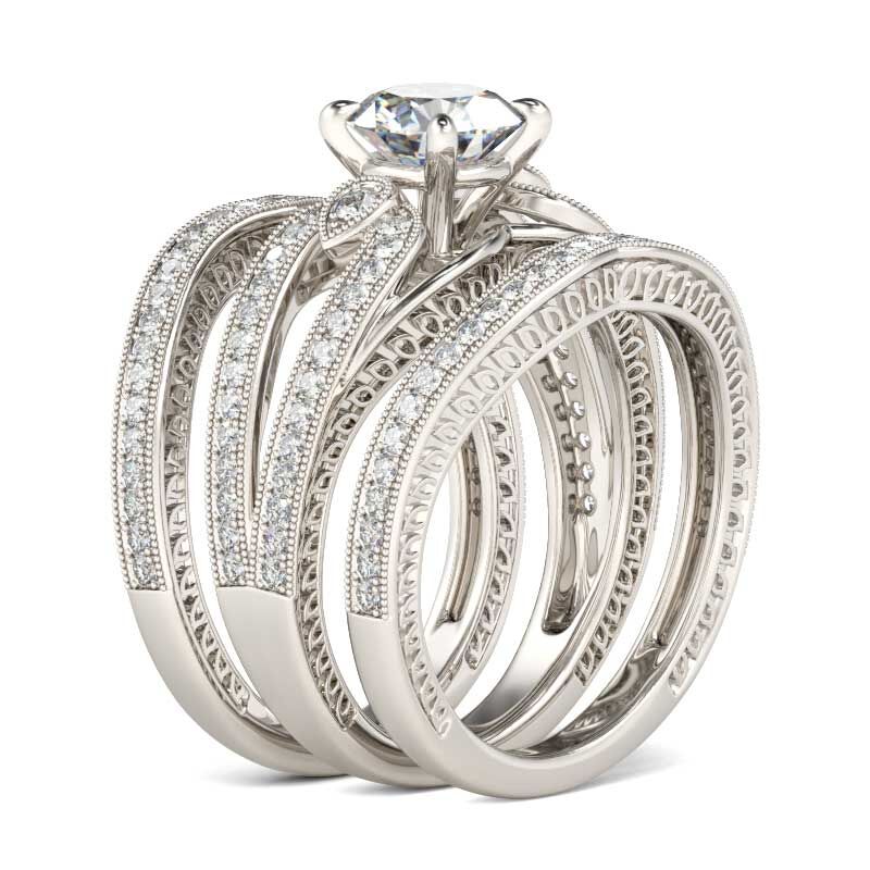 Jeulia Terno De Anillos Vintage Milgrain De Talla Redonda En Plata De Ley